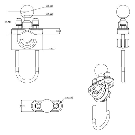 BASE W/U-BOLT RAIL 1/2" TO 1" UNPKD