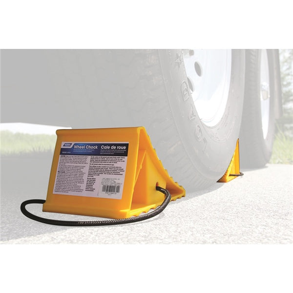 WHEEL CHOCK W/ROPE YELLOW CAMCO